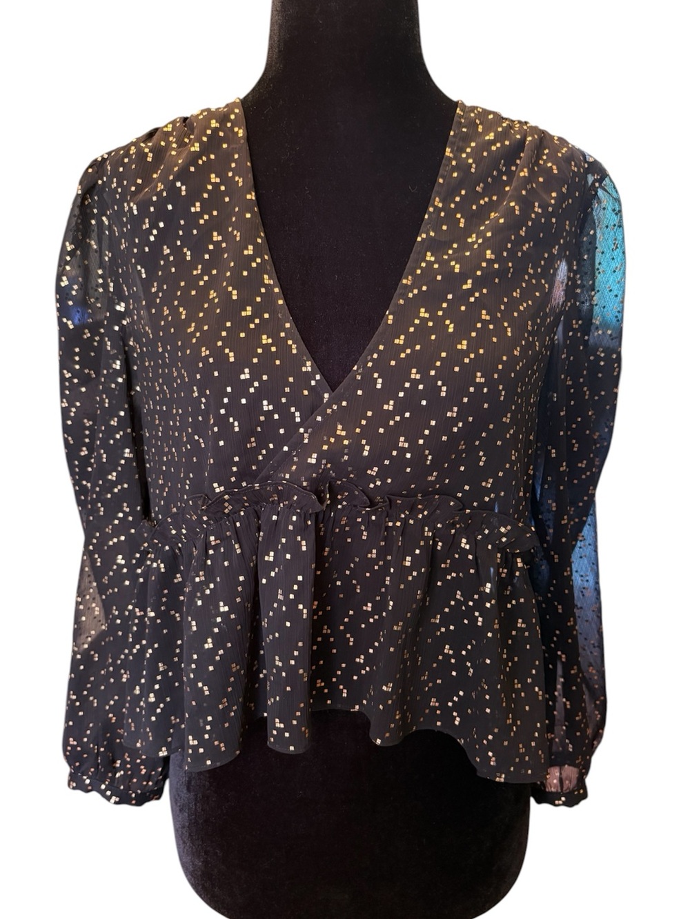 Aritzia Sunday Best Jinx Blouse Gold flecked Peplum Sheer small